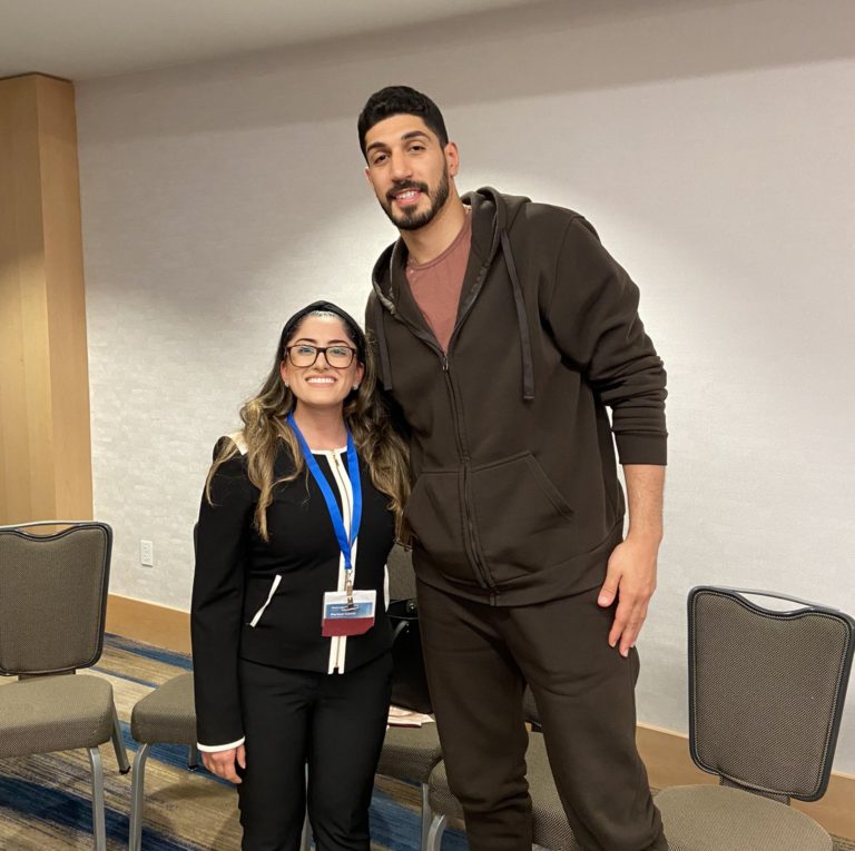 Pari Ibrahim meet with Enes FREEDOM NBA basketball player who is outspoken on issues of human rights at IRF Summit